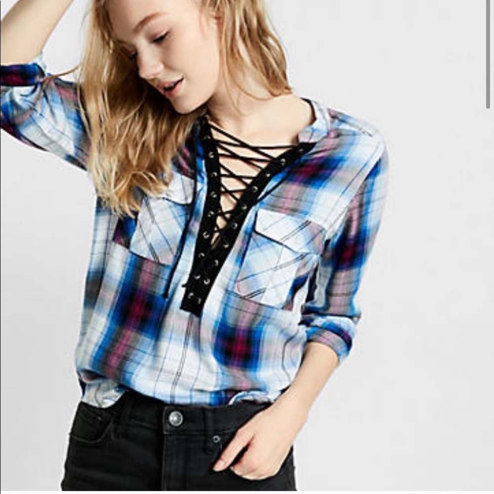 Lace up plaid shirt